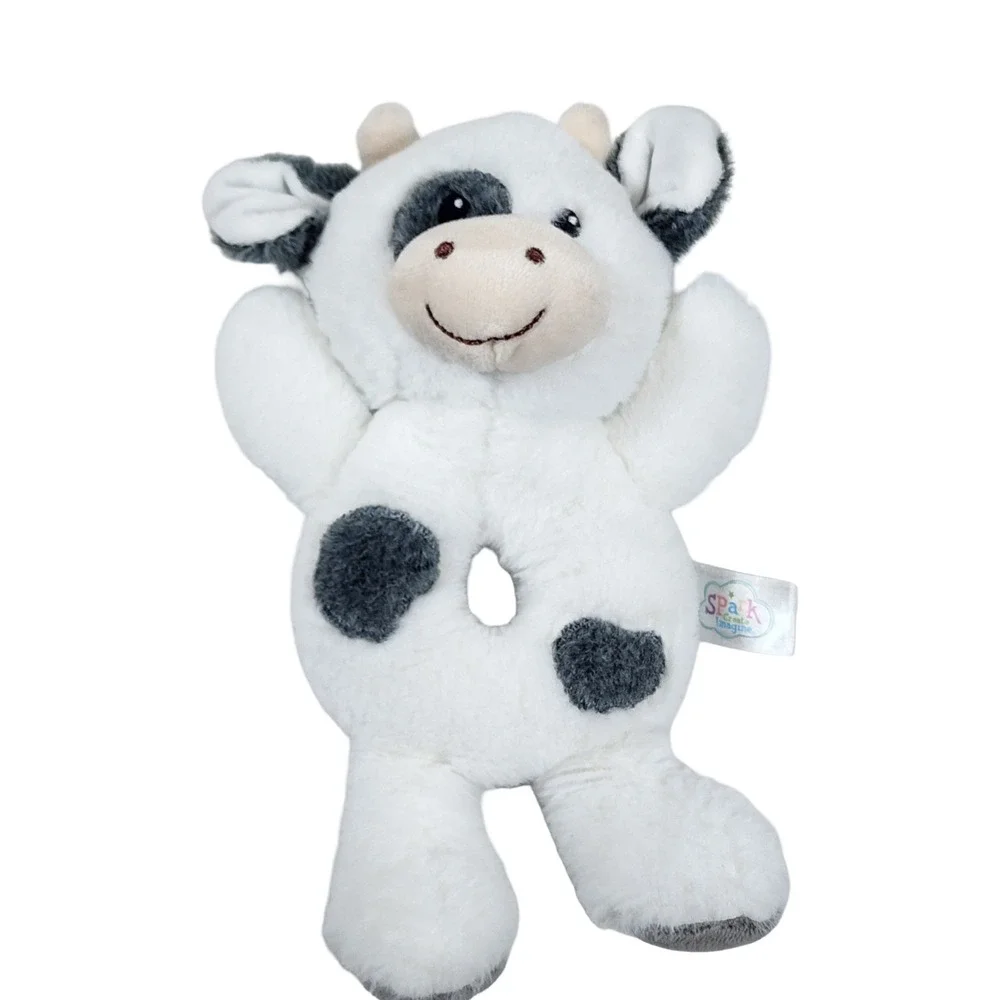 Spark Create Imagine Cow Plush Baby Rattle Black White Spotted Ring Toy 9 Inch